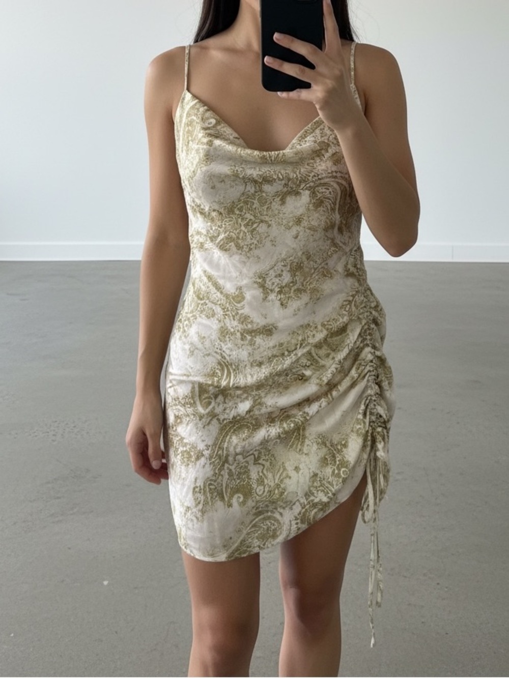 NWT Garage Olive Grunge Paisley Cowl Neck Ruched Asymmetrical Satin Slip Dress